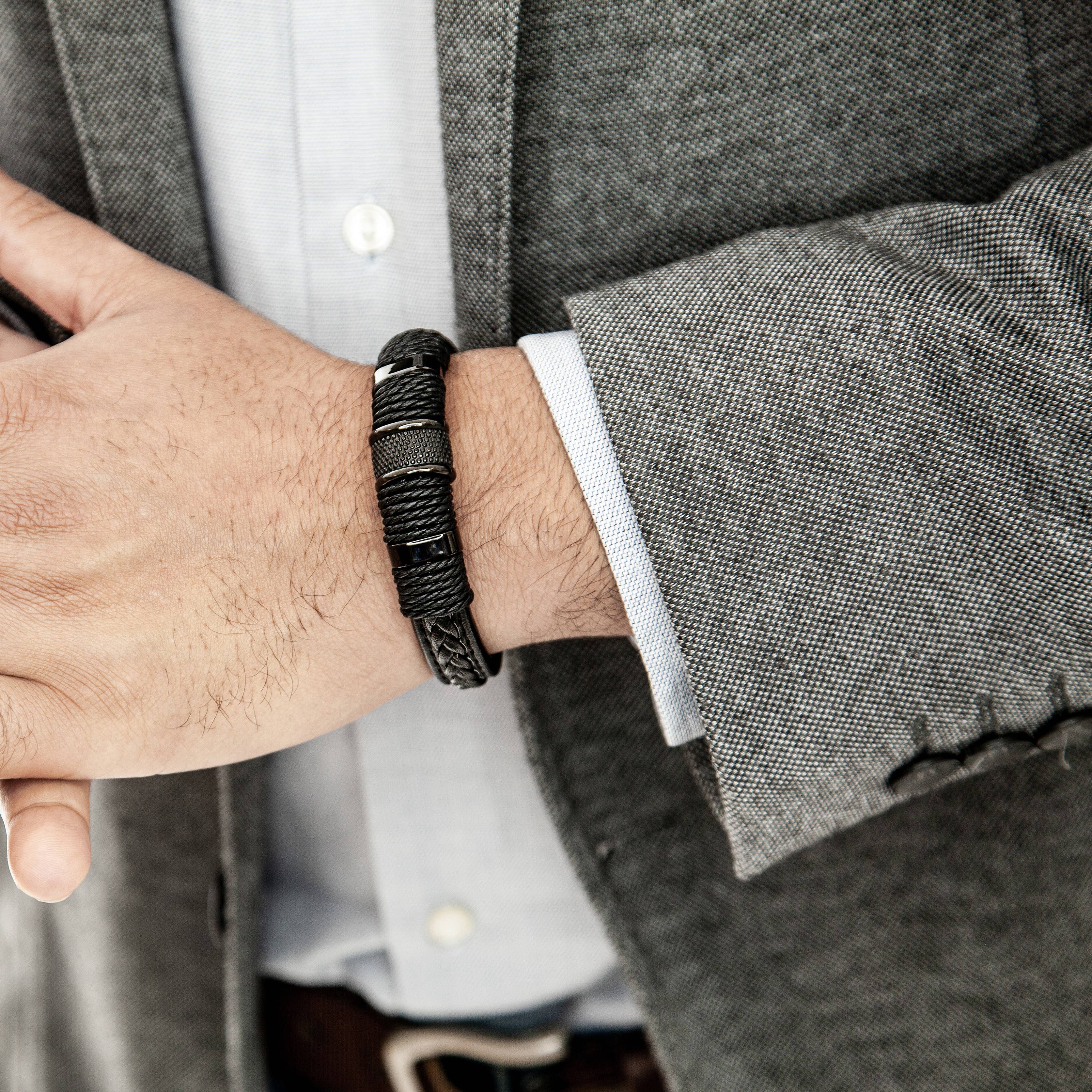 SERASAR - Vente Bracelet tissé/tressé - Bracelet en cuir « ring » noir - B0273