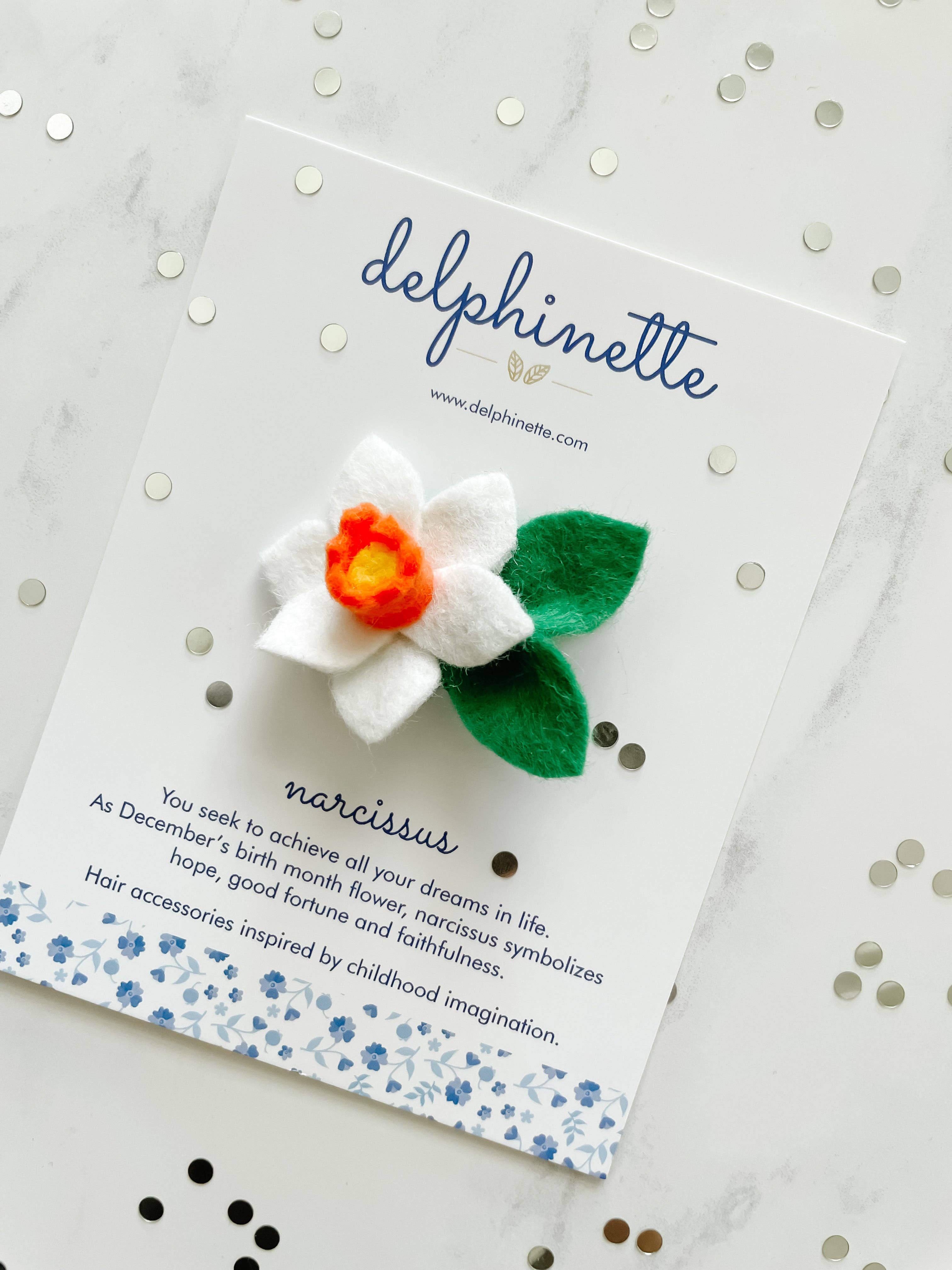 delphinette - Vente Élastique à cheveux – enfant - Cravate à cheveux Narcisse, cadeau floral pour le mois de la naissance de décembre1