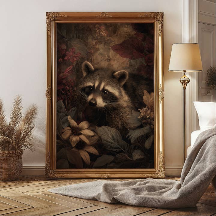 IuliiaArtPrints - Wholesale Art Print - Dark Academia Raccoon Print – Woodland Animal & Fall Florals3