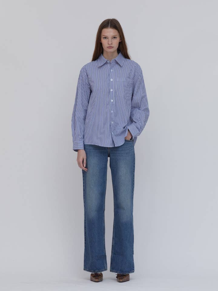 Camisa de botones a rayas azules para venta al por mayor de ONE DNA