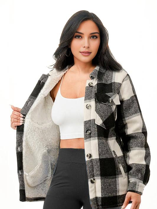 Fur lined black white plaid flannel shirt jacket shacket for wholesale by Color 5