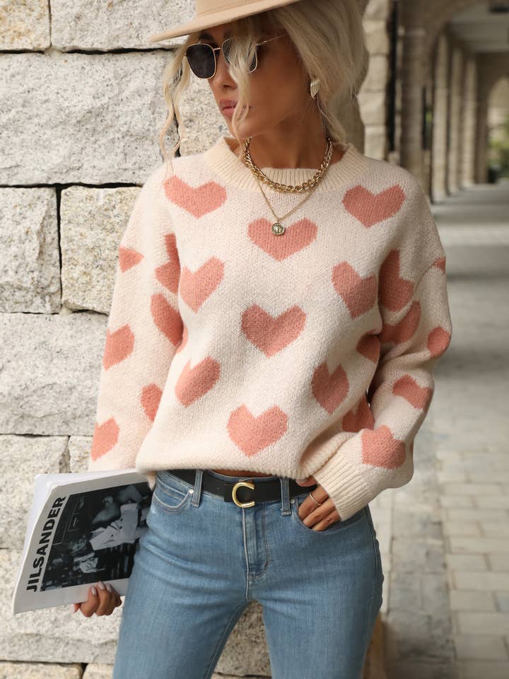 Valentine Pink Heart Pattern Knitting Soft Pullover Sweater for wholesale on Faire2