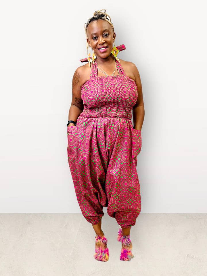 Jumpsuit/ Pants/African Romper - Fuchsia/Green for wholesale by India Batik