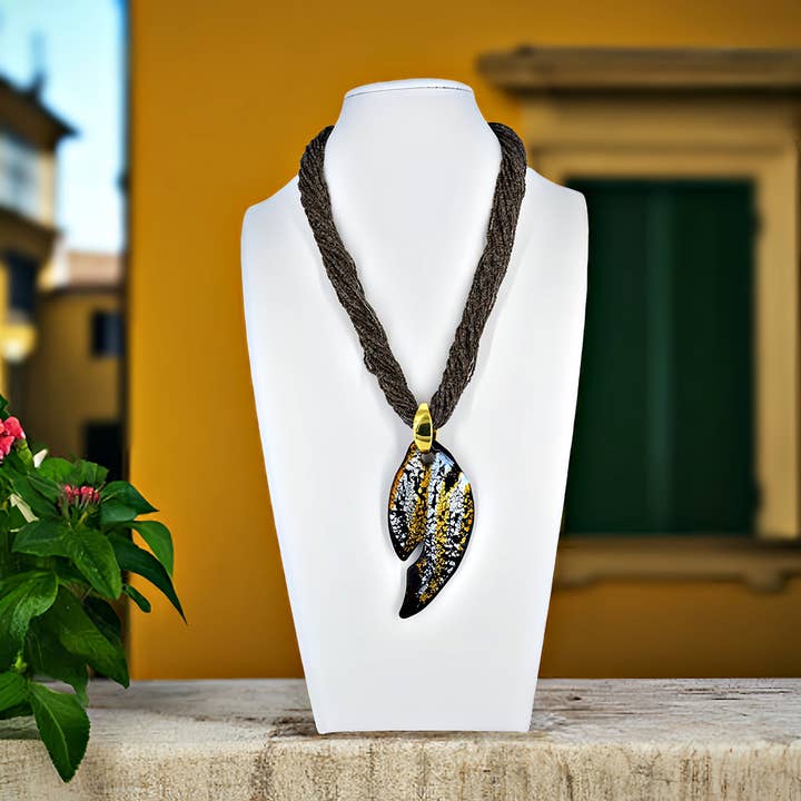 Brown Seed Bead Necklace with Large Gold and Black Murano Glass Pendant for wholesale by Viktoria Simonë