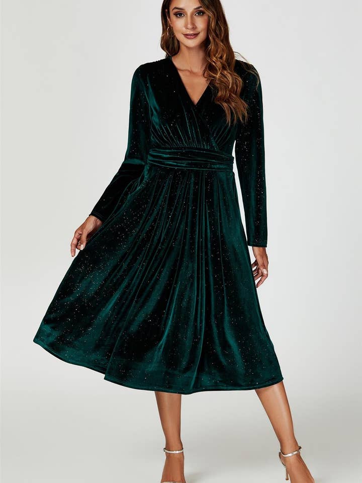 Grön Silver Sparkly Velvet Wrap Top Midiklänning I Grön för wholesale på Faire2