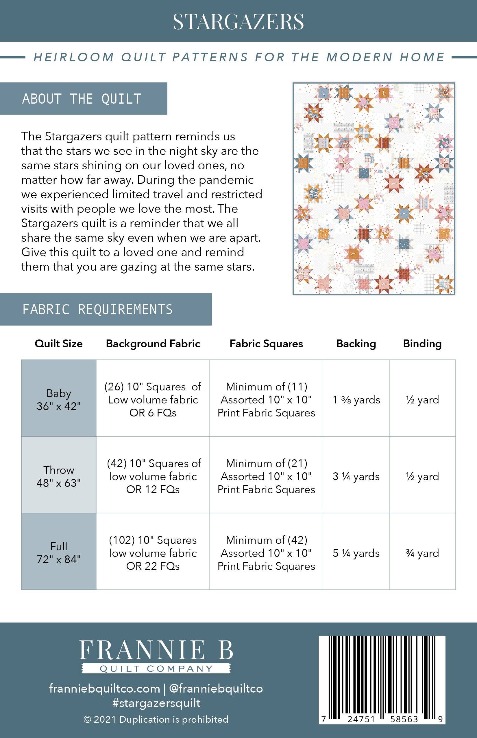 Frannie B Quilt Company - Wholesale Craft Sewing Kit - Stargazers Quilt Pattern1