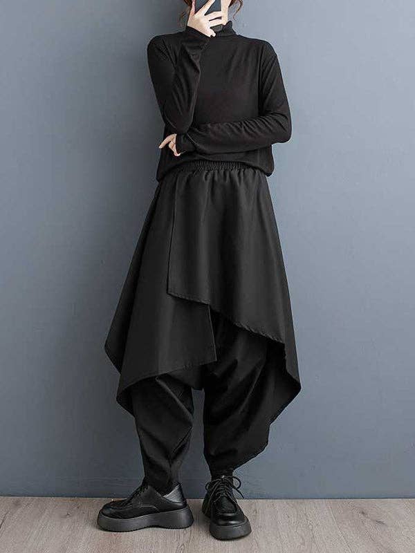 BLACK High Waisted Loose Asymmetric Elasticity Layered Solid Color Culotte for wholesale on Faire5
