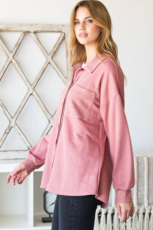 HEIMISH - Wholesale Shirt Jacket/Shacket - Women's - EJ6706-14 BASIC COLLAR SOLID BUTTON SHACKET WITH POCKET2