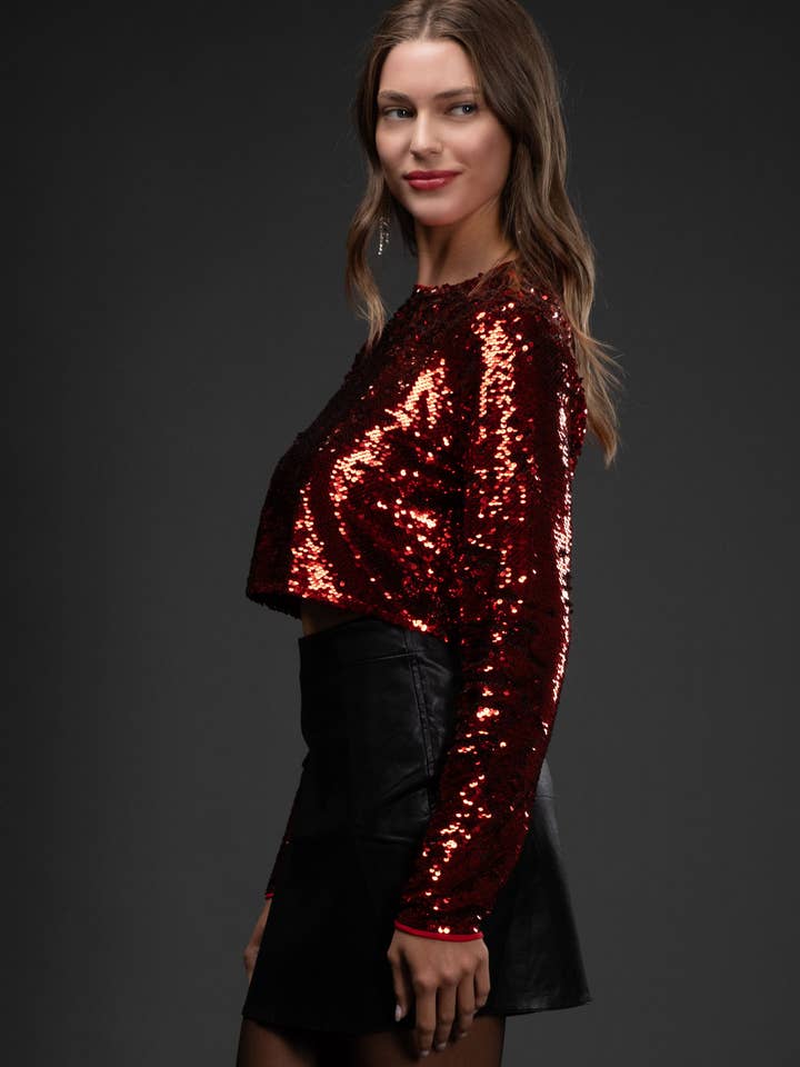 Blu Pepper - Wholesale Blouse - Women's - SEQUIN LONG SLEEVE CROP TOP