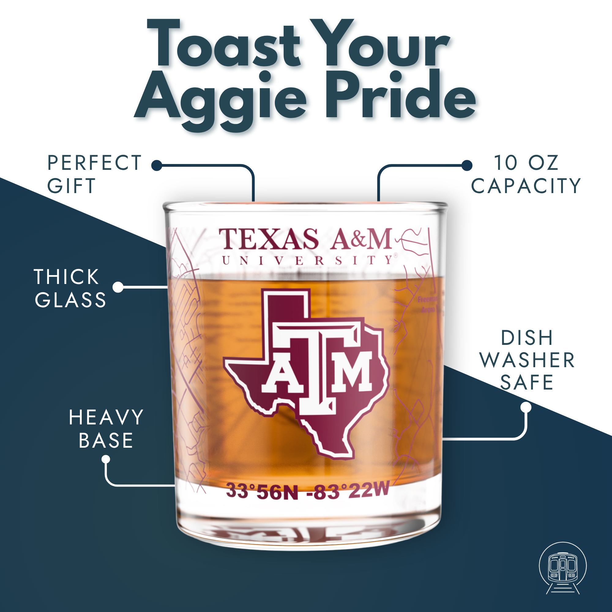 Greenline Goods - Wholesale Cocktail/Liquor Glass - University of Texas A&M Aggies College Whiskey Glasses (Set of 2), 10 oz – Full-Color Logo + Campus Map1