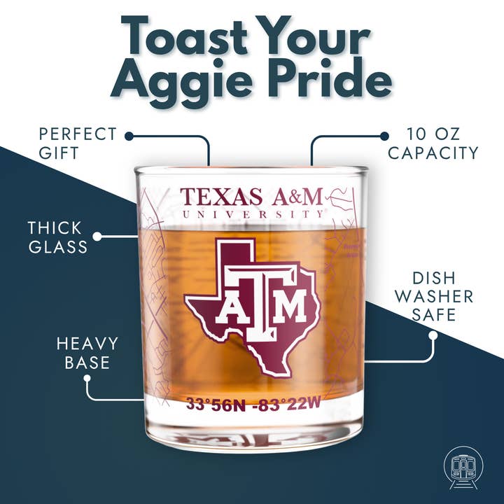 Greenline Goods - Wholesale Cocktail/Liquor Glass - University of Texas A&M Aggies College Whiskey Glasses (Set of 2), 10 oz – Full-Color Logo + Campus Map1