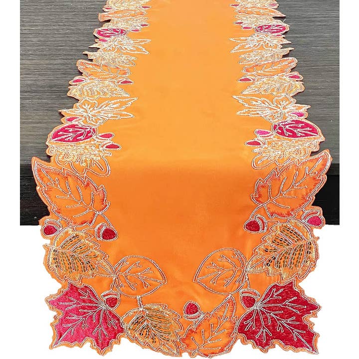 Terracotta Embroidered Sequined Leaf Table Runner for wholesale by Fennco Styles