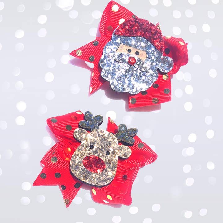Girls 2.5" Glitter Rudolph the Red Nose Reindeer and Santa Claus Christmas Hair Bow Clips for wholesale by Chicky Chicky Bling Bling
