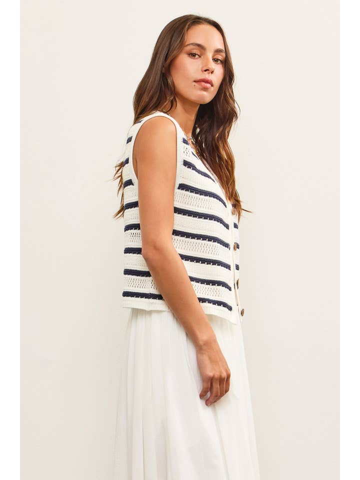 IVORY STRIPED BUTTON CLOSURE SLEEVELESS SWEATER VEST for wholesale on Faire
