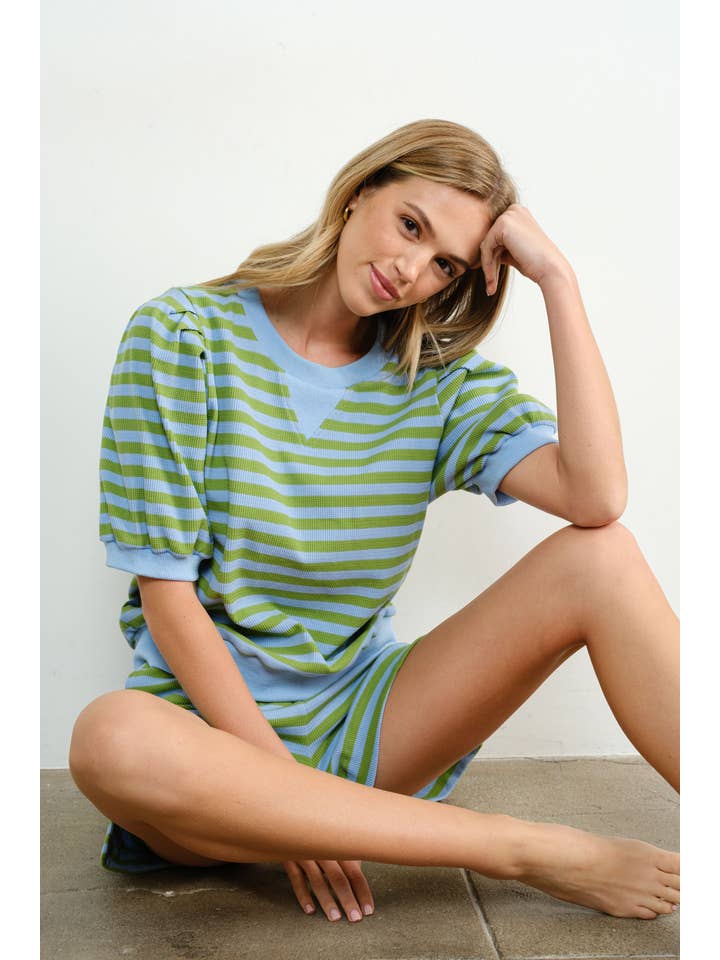 Promise LA – Großhandel Sweatshirt – Damen – Sweatshirt mit farbigem Streifen und Puffärmeln im Resort-Stil