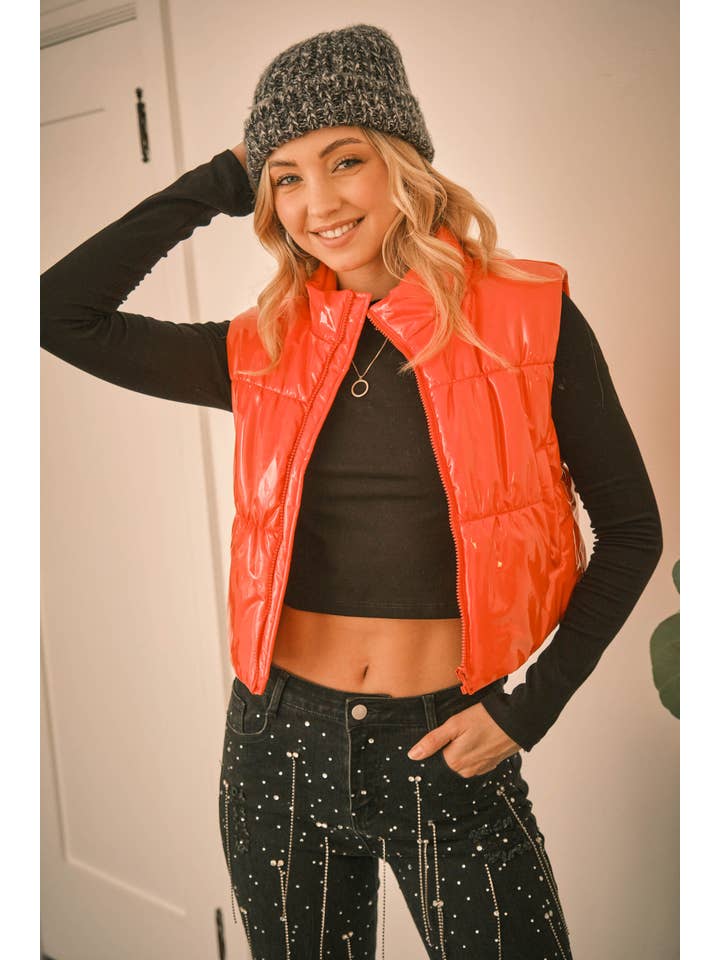 Blue B - Wholesale Outerwear Vest - Women's - 22656J - Gloss Shiny PU Quilted Puffer Zip Up Crop Vest61