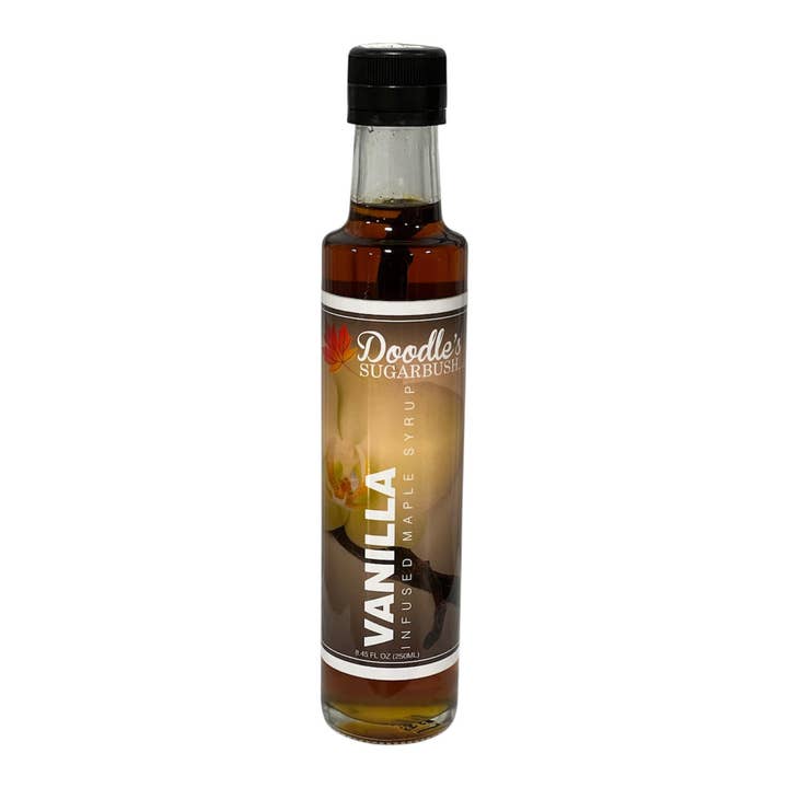 Vanilla Infused Maple Syrup - 8.45oz glass bottle for wholesale by Doodle's Sugarbush, LLC - Pure Michigan Maple Syrup