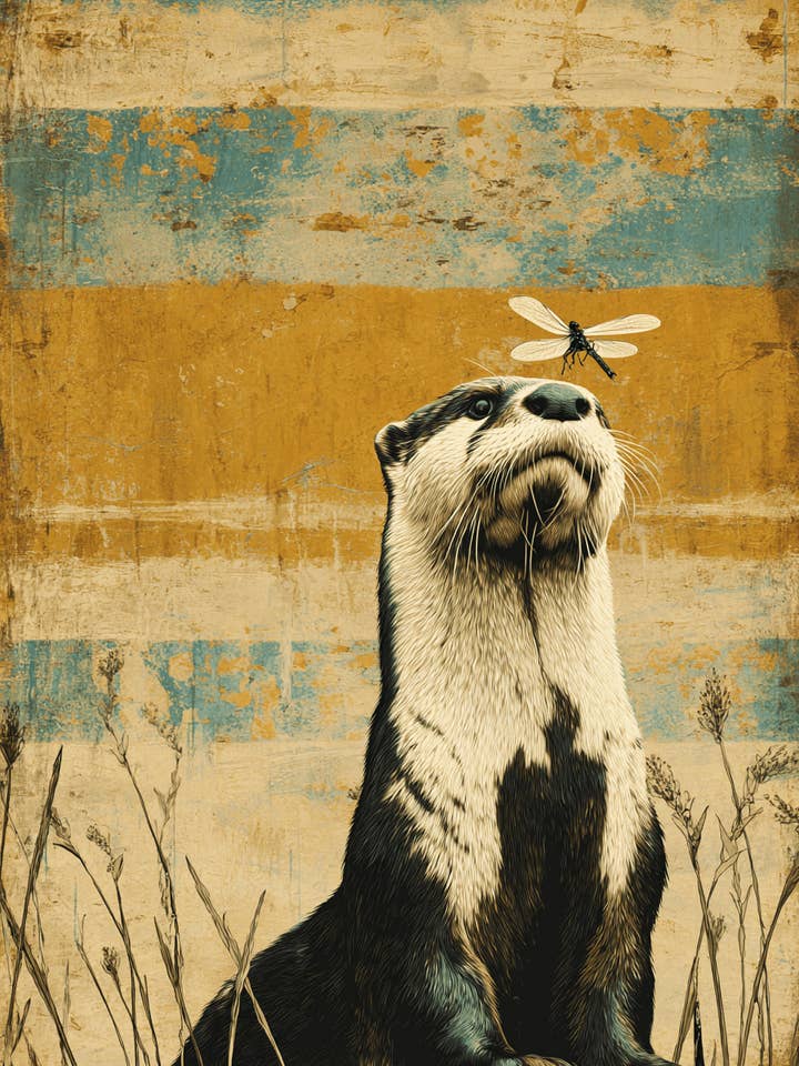 Stampe d'Arte Vintage di Fauna Selvatica con Lontra che Osserva una Libellula - Opera d'Arte 8"x10" per la vendita all'ingrosso da parte di Mowbi