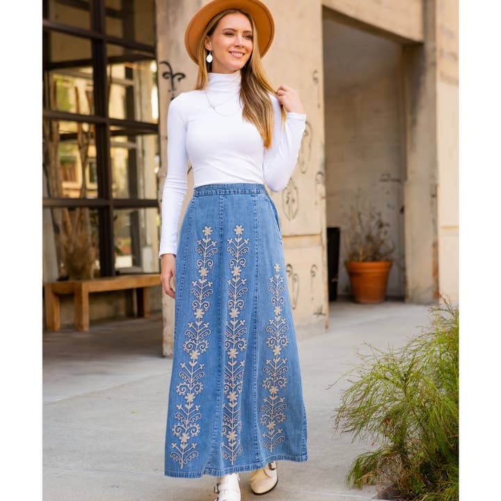 Young Threads - Wholesale Skirt - Women's - Artisan Floral Embroidered Denim Maxi Skirt (NEW)11