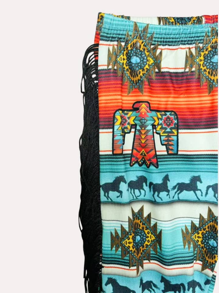 luluclothes - Wholesale Pants - Kids - Multicolor Aztec print bell bottoms girls pants w/fringe
