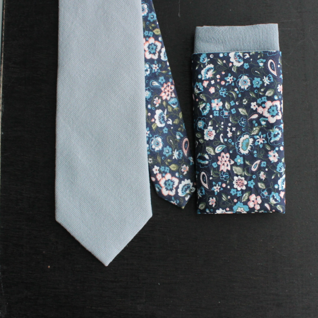 Tie Mood - Wholesale Necktie - Men's - Dusty Blue Solid Front with Floral Print Tail Tie1