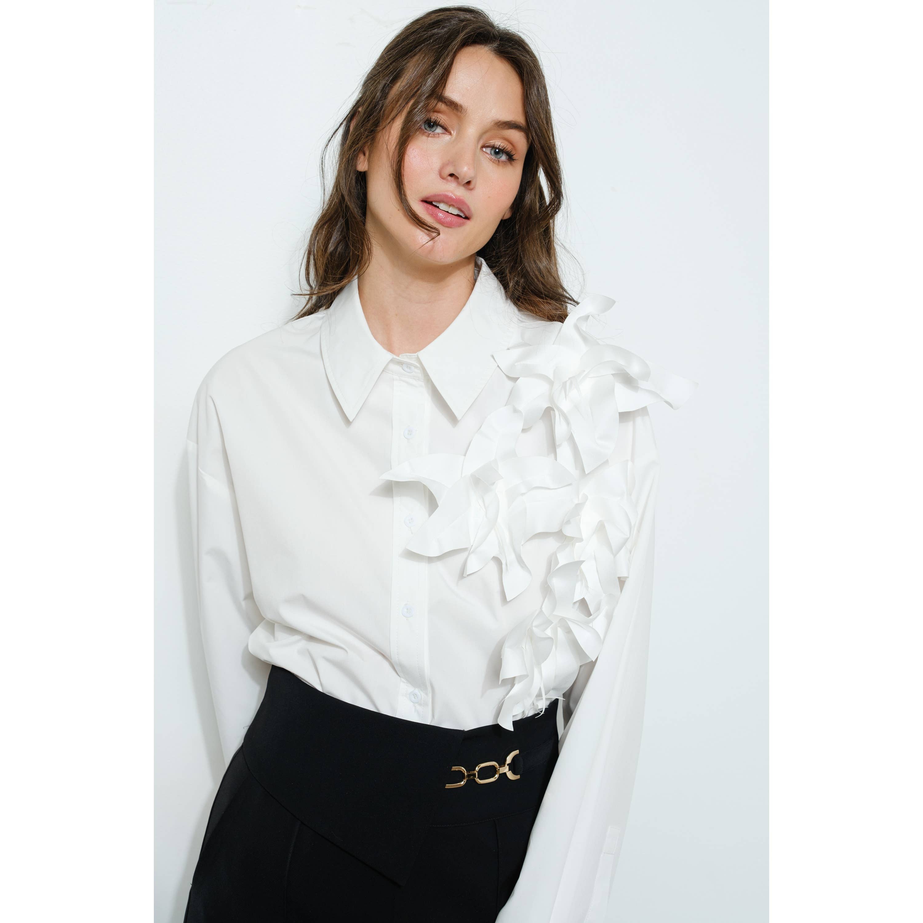 INA – Engroshandel Bluse - Dame – 3D båndblomst applikation skræddersyet skjorte1