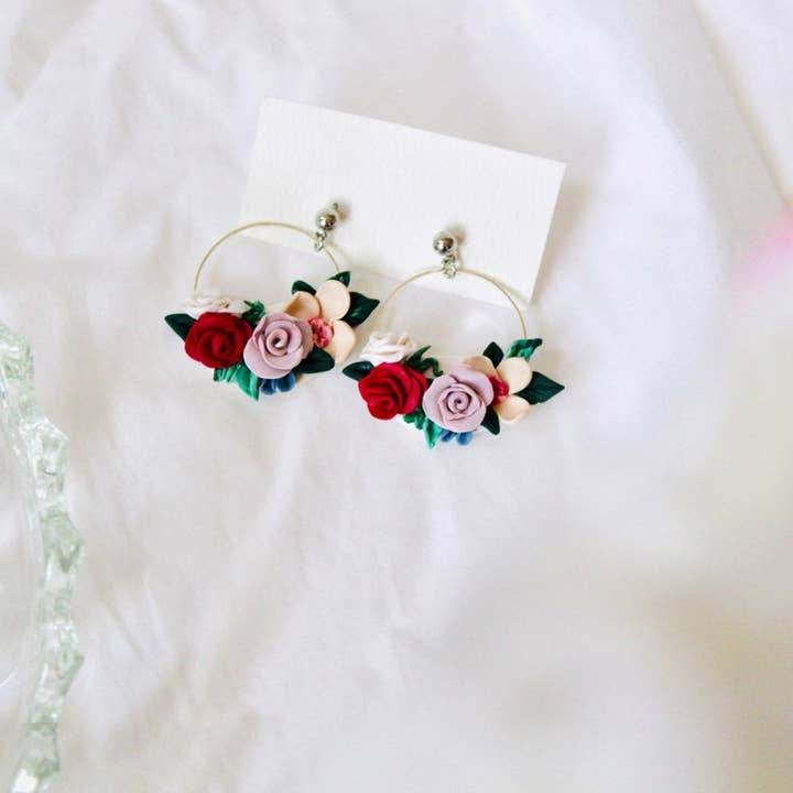 Floral wreath hoop clay earrings polymer clay Hoop Earrings for wholesale by PERNAZ JEWEL