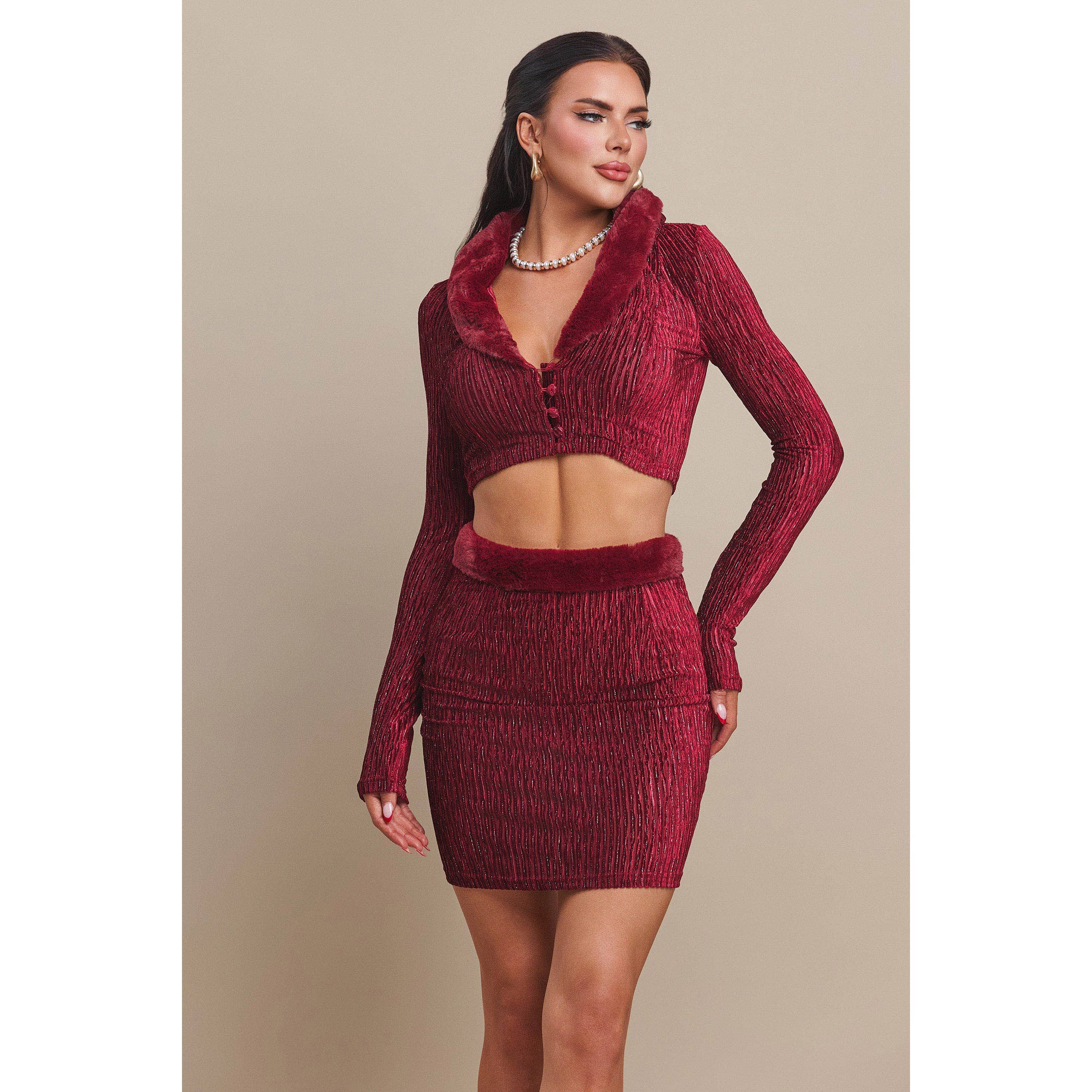 The Sang - Wholesale Top & Skirt Set - Women's - FUZZY TRIM CROP TOP AND SKIRT SET1