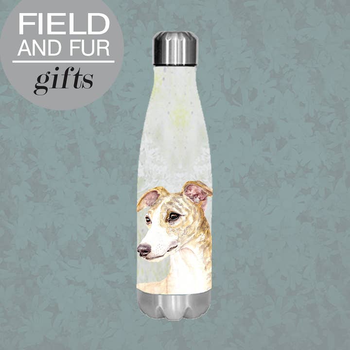 Josie, Whippet, insulated water bottle, keeps your drink Hot for wholesale by Field and Fur Gifts