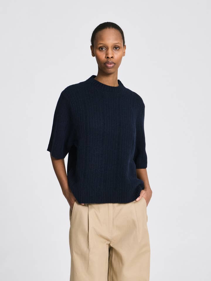 Tulle S/S Drop Needle Lambswool Knit GOTS - Midnight Blue for wholesale by gai-lisva