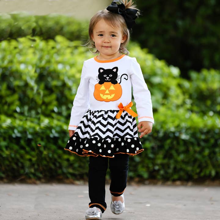 AnnLoren - Vendita all'ingrosso Completo top e leggings - Bambini - Abbigliamento di Halloween per bambine Set tunica zucca e gatto nero taglia 7/81
