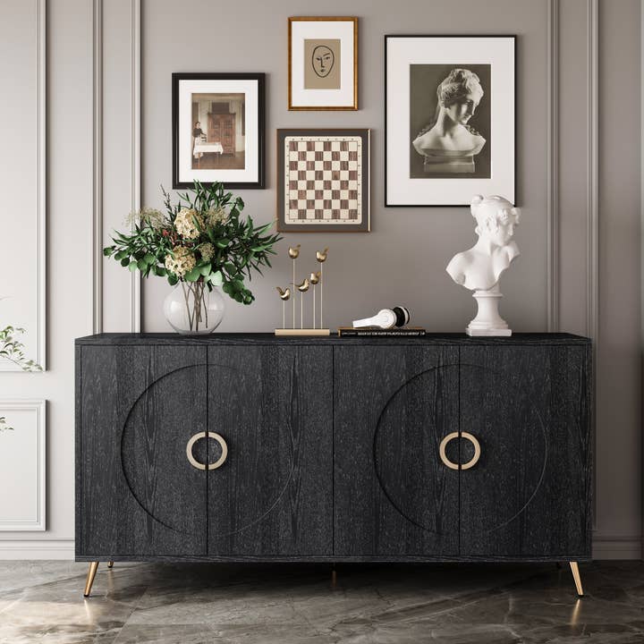 Modern Lacquered 4 Door Wooden Cabinet Sideboard Buffet Server Cabinet Storage Cabinet, For Living Room, Entryway, Hallway, Office, Kitchen And Dining Room, Distressed Black Lacquered Distressed for wholesale by Orange County Decor