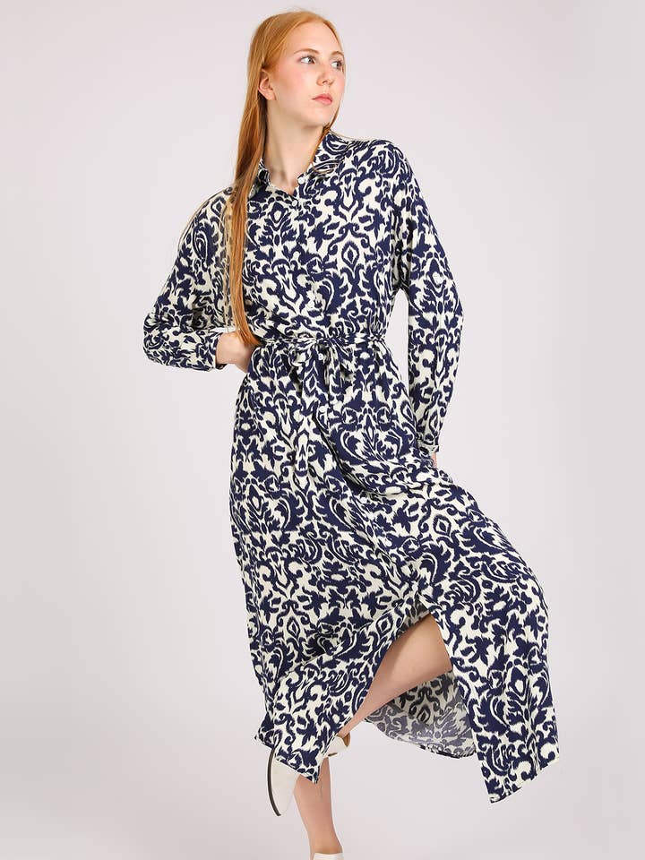 Abstract Vintage Printed Maxi Shirt Dress PM3076-L for wholesale by Beulah Style