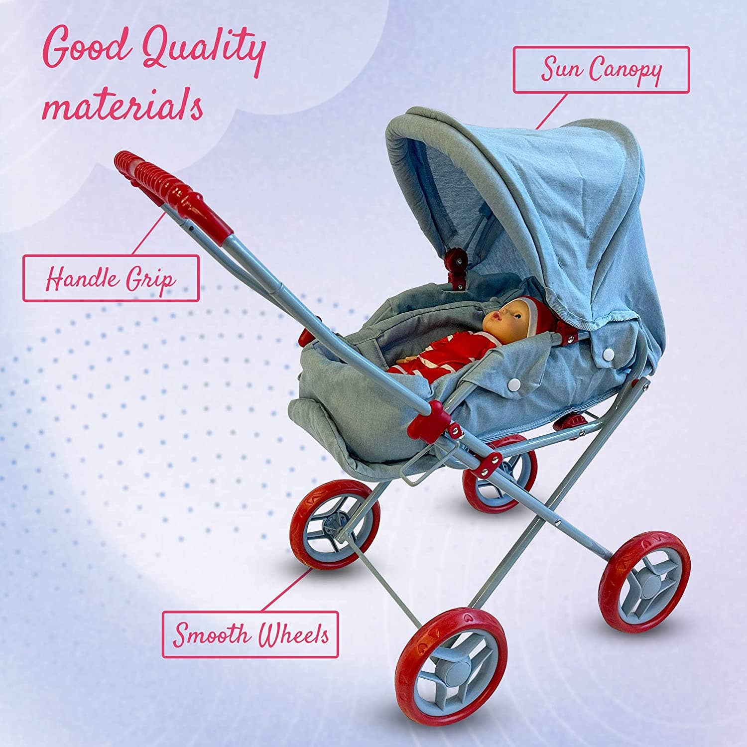 The New York Doll Collection - Wholesale Doll Stroller - Kids - Heart Printed Doll Bassinet Stroller with Travel Carry Bag13