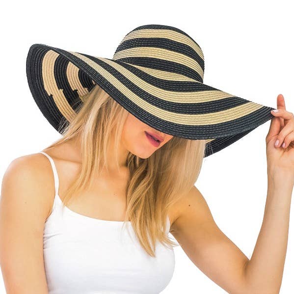 Cap Zone - Venta al por mayor Sombrero de paja - Mujer - Sombrero de paja Toyo de ala ancha a rayas en bloque de color0