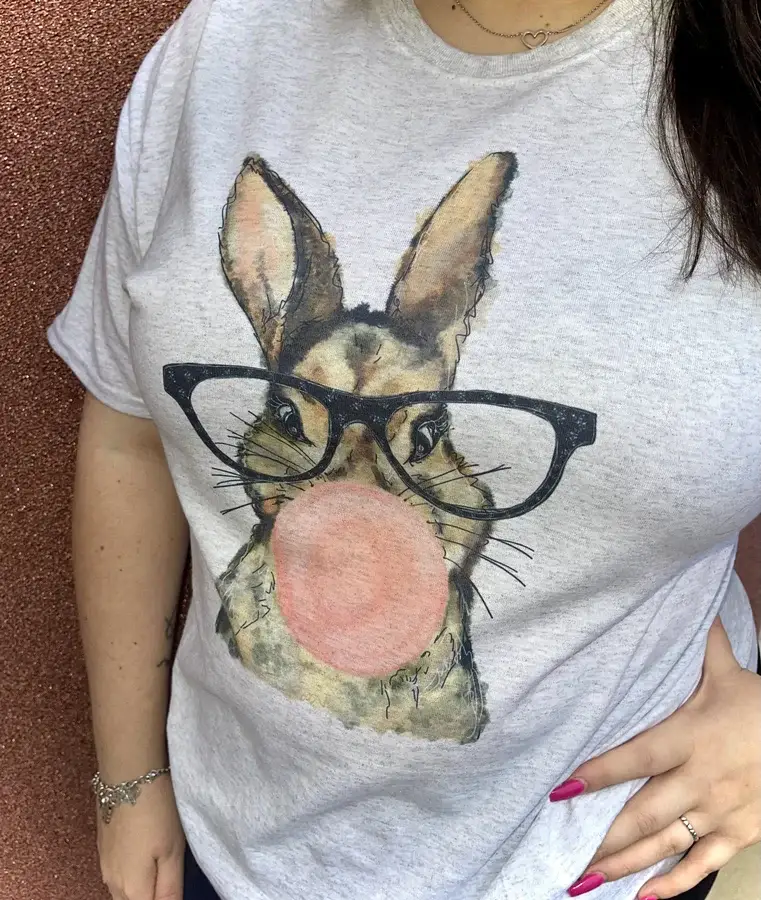 Ash Gray Bunny with Bubble Gum & Glasses (Gildan T-Shirt) for wholesale on Faire1
