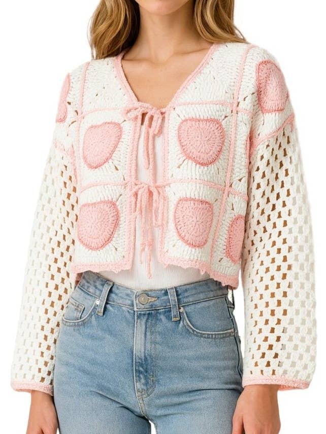 Cardigan allacciato sul davanti con motivo a cuore all'uncinetto per la vendita all'ingrosso da parte di Vanilla Monkey