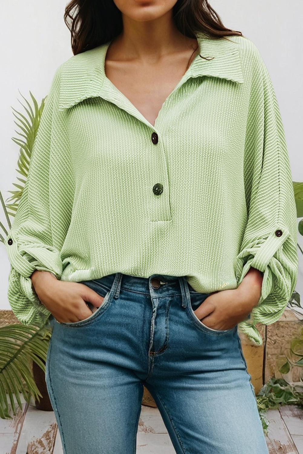 66DISCO - Wholesale Knit Top - Women's - Oversized Ribbed Henley Top with Roll up Sleeve (S-2XL)4