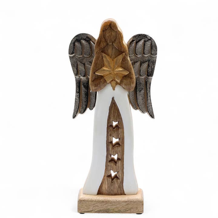 Mango Wood Star Angel with Metal Wings - Large 30cm for wholesale by Ancient Wisdom