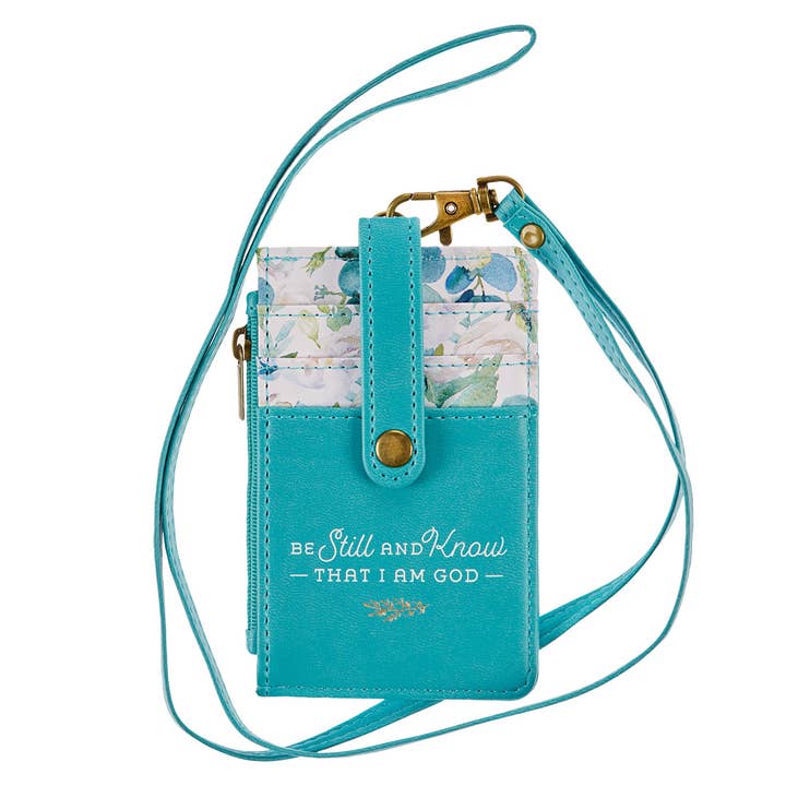 Christian Art Gifts - Wholesale Card Holder - Women's - ID Card Holder Teal/White Floral Printed Be Still & Know