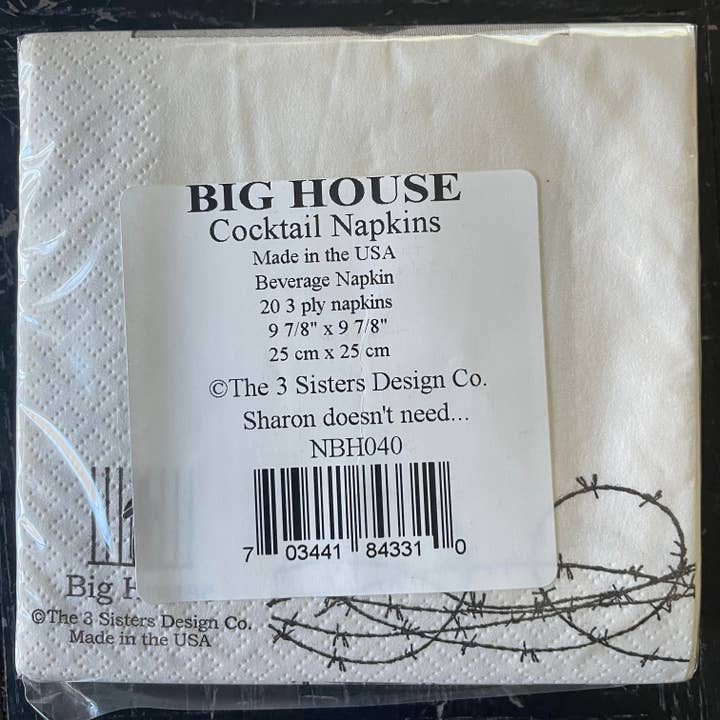 The 3 Sisters Design Co. - Wholesale Disposable Napkin - Big House Cocktail Napkins, Sharon doesn't need alcohol...