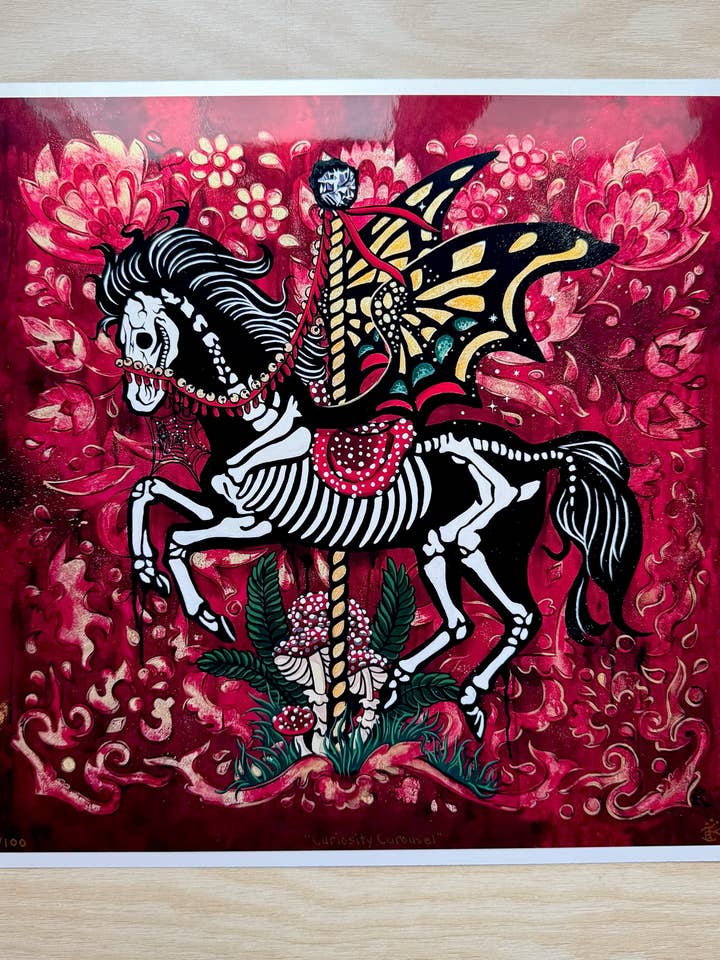 Impression d'art en édition limitée "Curiosity Carousel" 12" x 12" pour la vente par Secret Creatures
