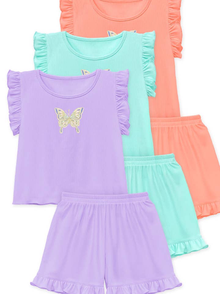 Conjunto de 2 piezas acanalado para niño pequeño con mariposa TKSS-Q24-3320T-905P para venta al por mayor de Cutie Patootie Clothing