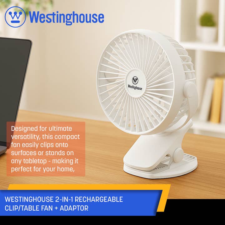 Westinghouse - Vente Ventilateur électrique portatif - Ventilateur rechargeable 2-en-1 à pince/table Westinghouse + adaptateur2