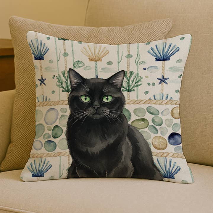 Persian Black Cat Coastal Sea Glass Pillow 18x18 FNT1352 for wholesale by Caroline's Treasures