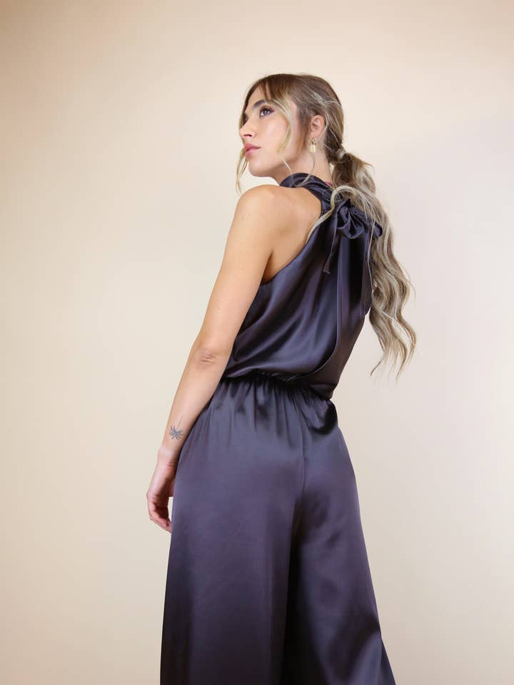 A3132 AMERICAN PALACE JUMPSUIT WITH COFFEE SOLID COLOR BOW for wholesale on Faire