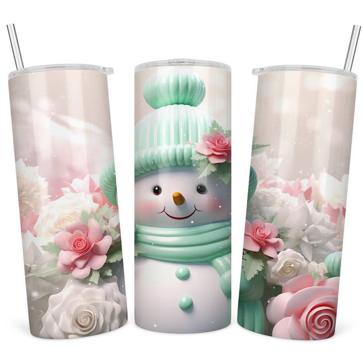 Mint Pink Snowman 20oz Tumbler for wholesale by Knotted Gypsy Designs