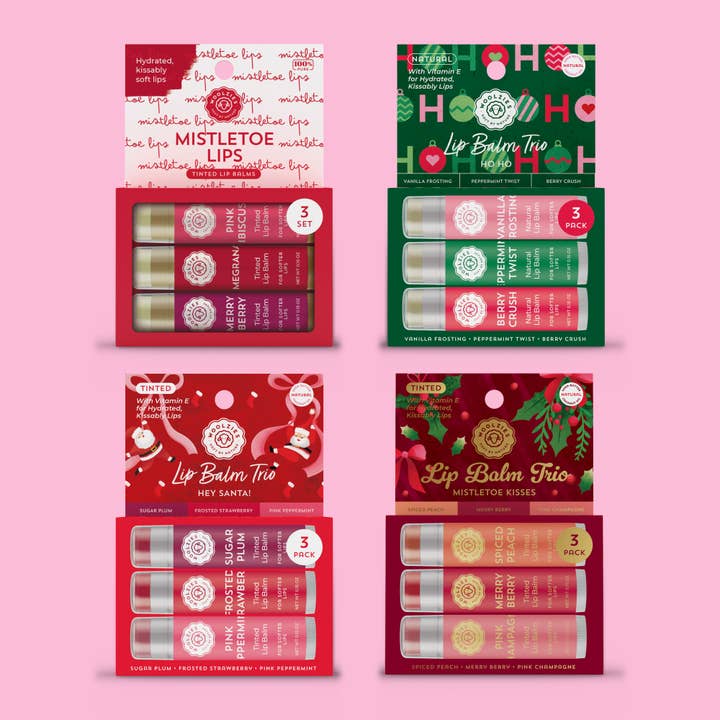 Shea Butter Lip Balm 12pc Holiday Assortment (3 each) for wholesale by Woolzies
