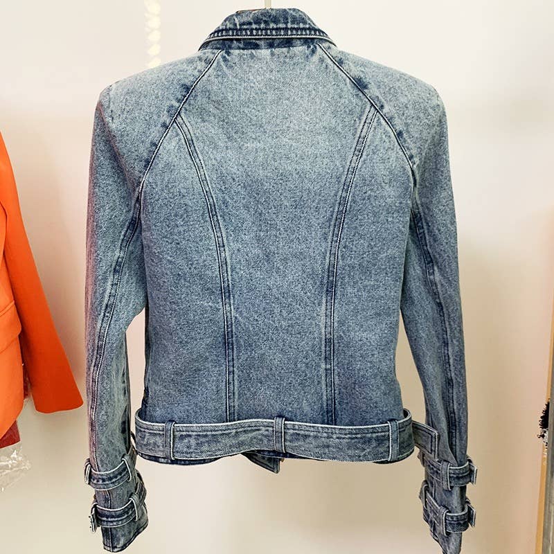Blue BL205 Edgy Denim Biker Jacket with Diagonal Zipper for wholesale on Faire1
