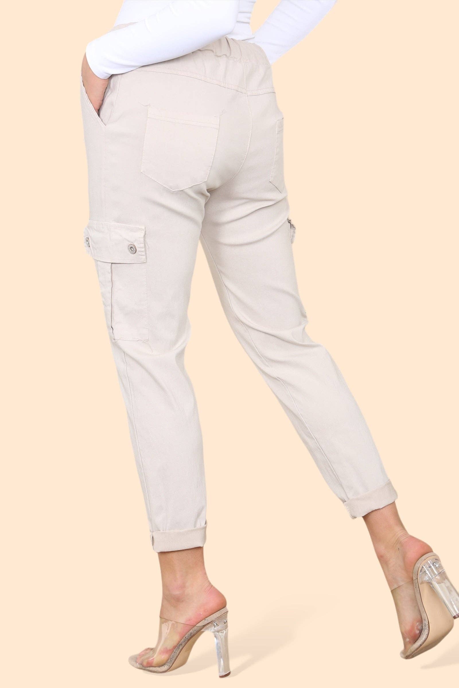 Kurt Muller – wholesale Pants – Women's – Plain Cargo Stud Pocket Bi-Stretch Magic Trousers6